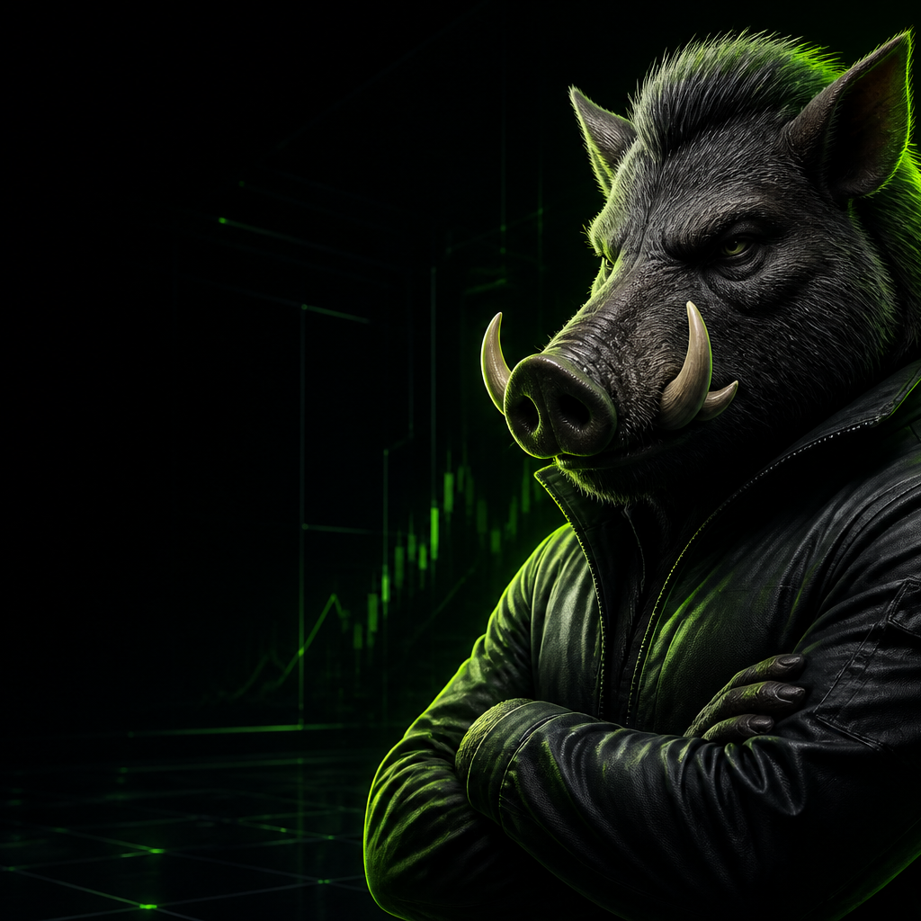 Confident HoodBoar mascot in a neon trading terminal
